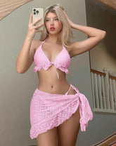 2001-Pink Crochet Bikini Bralette with Matching Wrap Skirt Set